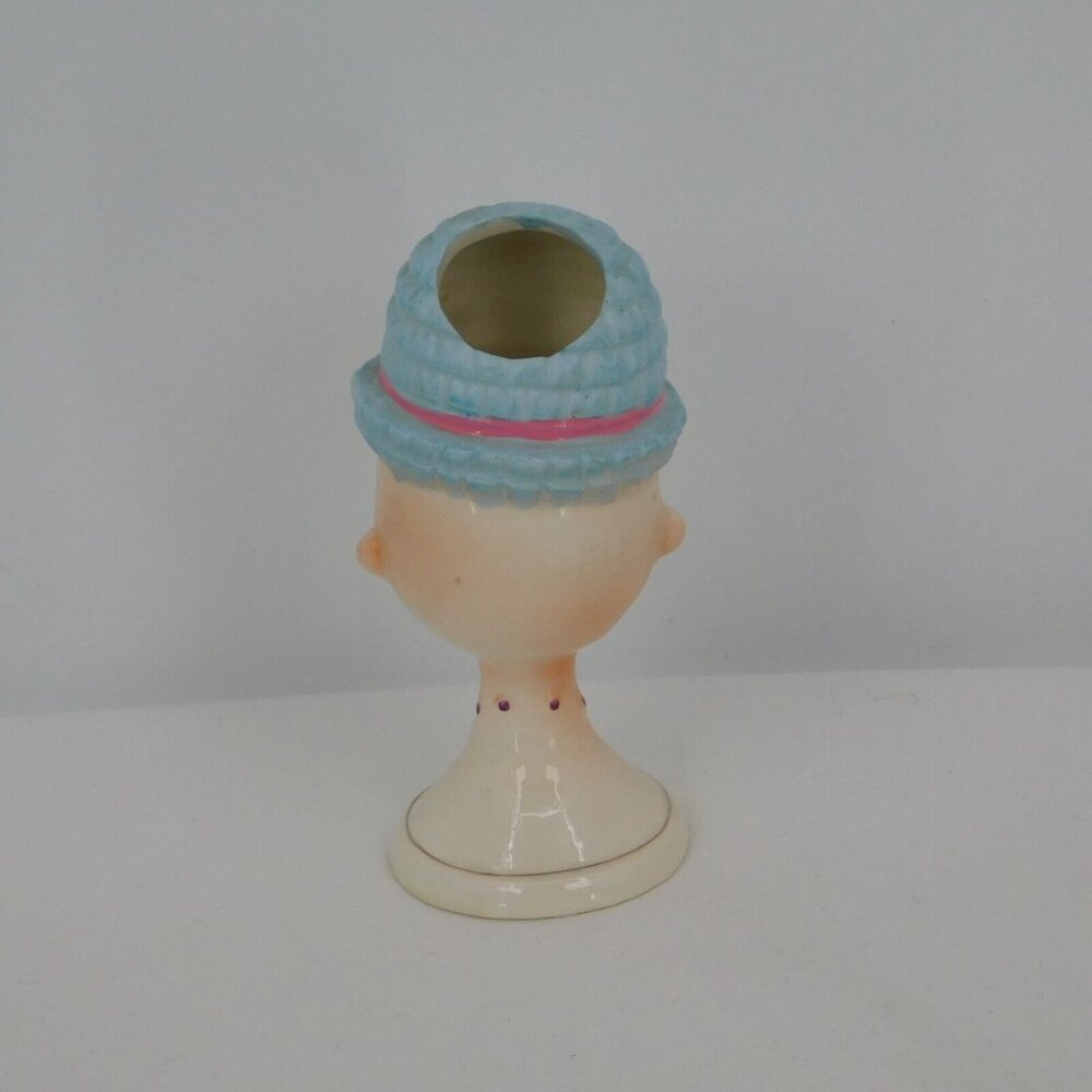Head Vase Girl Blue Knitted Hat Vintage Japan Ceramic Small Rare 4.5" High FLAW - Picture 3 of 7